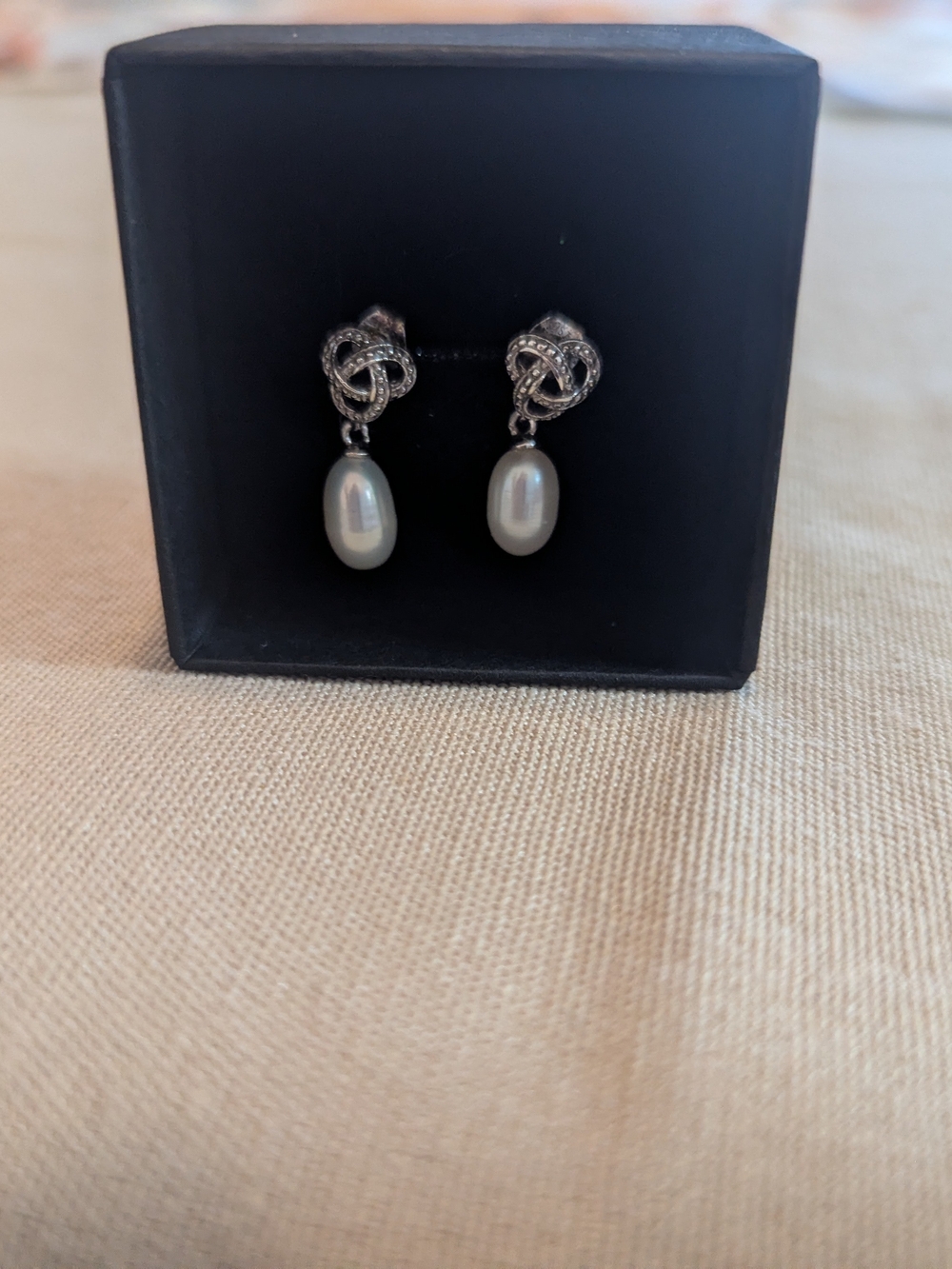 Sterling Silver Knot Drop Pearl Earrings - White Pearls